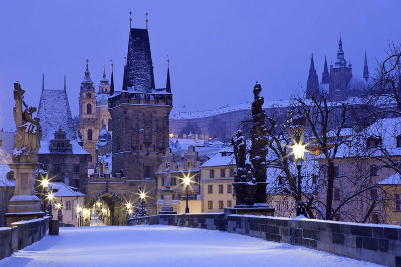 Charles Bridge Covered in Snow During Winter