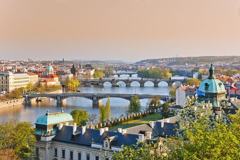 Prague View with Blooming Trees During Spring