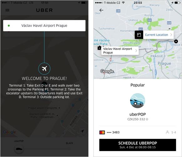 Uber "Welcome to Prague" Message on the Airport & UberPOP Booking