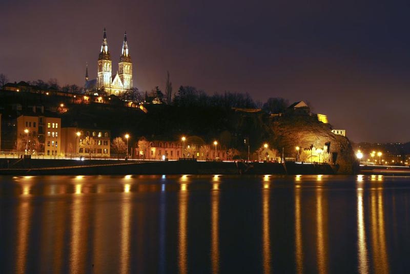 Amazing View From the Vltava River on the Vysehrad Castle During the Night